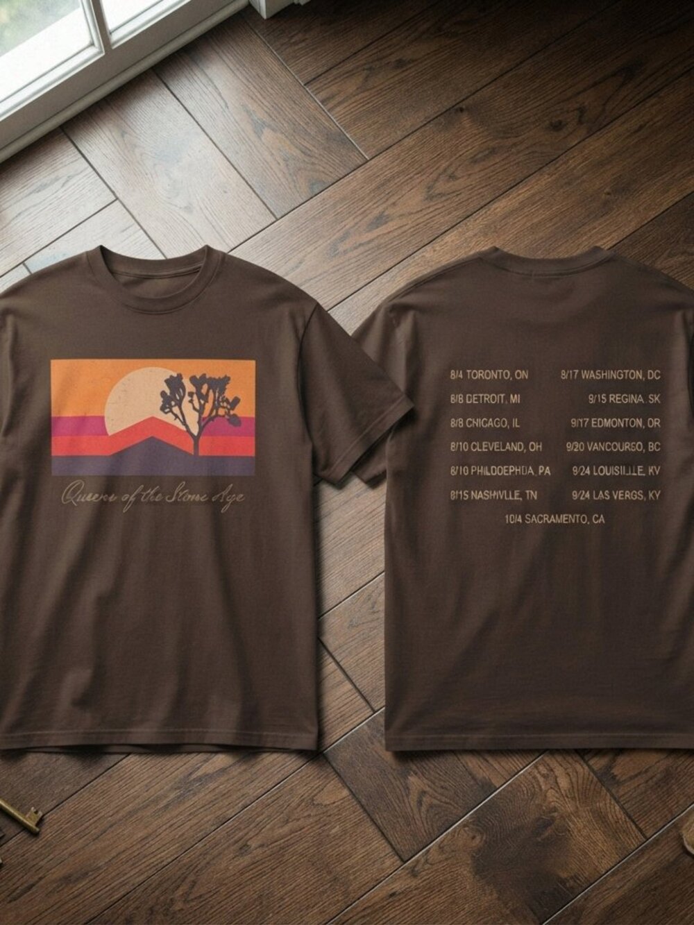 Queens Of The Stone Age Tour Desert Sunset Vintage Brown T-Shirt